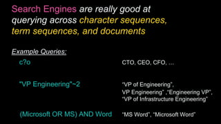 Search Engines are really good at
querying across character sequences,
term sequences, and documents
Example Queries:
c?o CTO, CEO, CFO, …
"VP Engineering"~2 “VP of Engineering”,
VP Engineering” ,“Engineering VP”,
“VP of Infrastructure Engineering”
(Microsoft OR MS) AND Word “MS Word”, “Microsoft Word”
 
