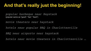 popular barbeque near Haystack
(popular same as "good", "top", "best")
movie theaters near haystack
hotels near popular BBQ in Charlottesville
BBQ near airports near haystack
hotels near movie theaters in Charlottesville …
And that’s really just the beginning!
 