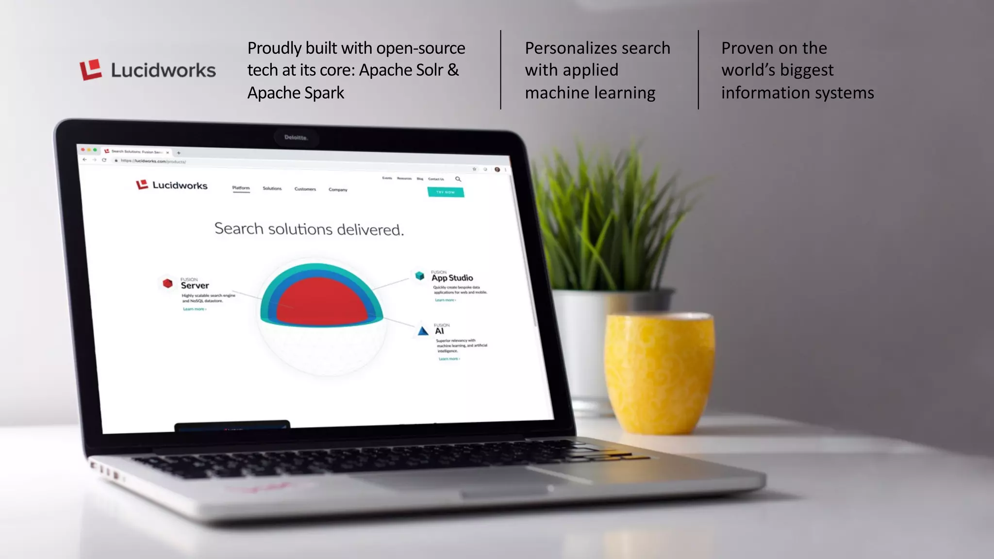 Proudly built with open-source
tech at its core: Apache Solr &
Apache Spark
Personalizes search
with applied
machine learning
Proven on the
world’s biggest
information systems
 