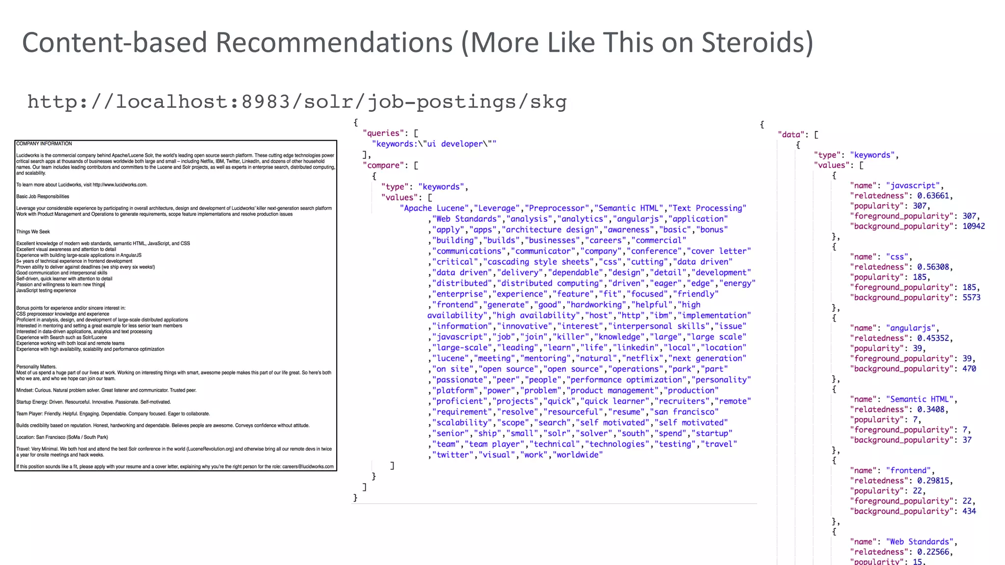 Content-based Recommendations (More Like This on Steroids)
http://localhost:8983/solr/job-postings/skg
 