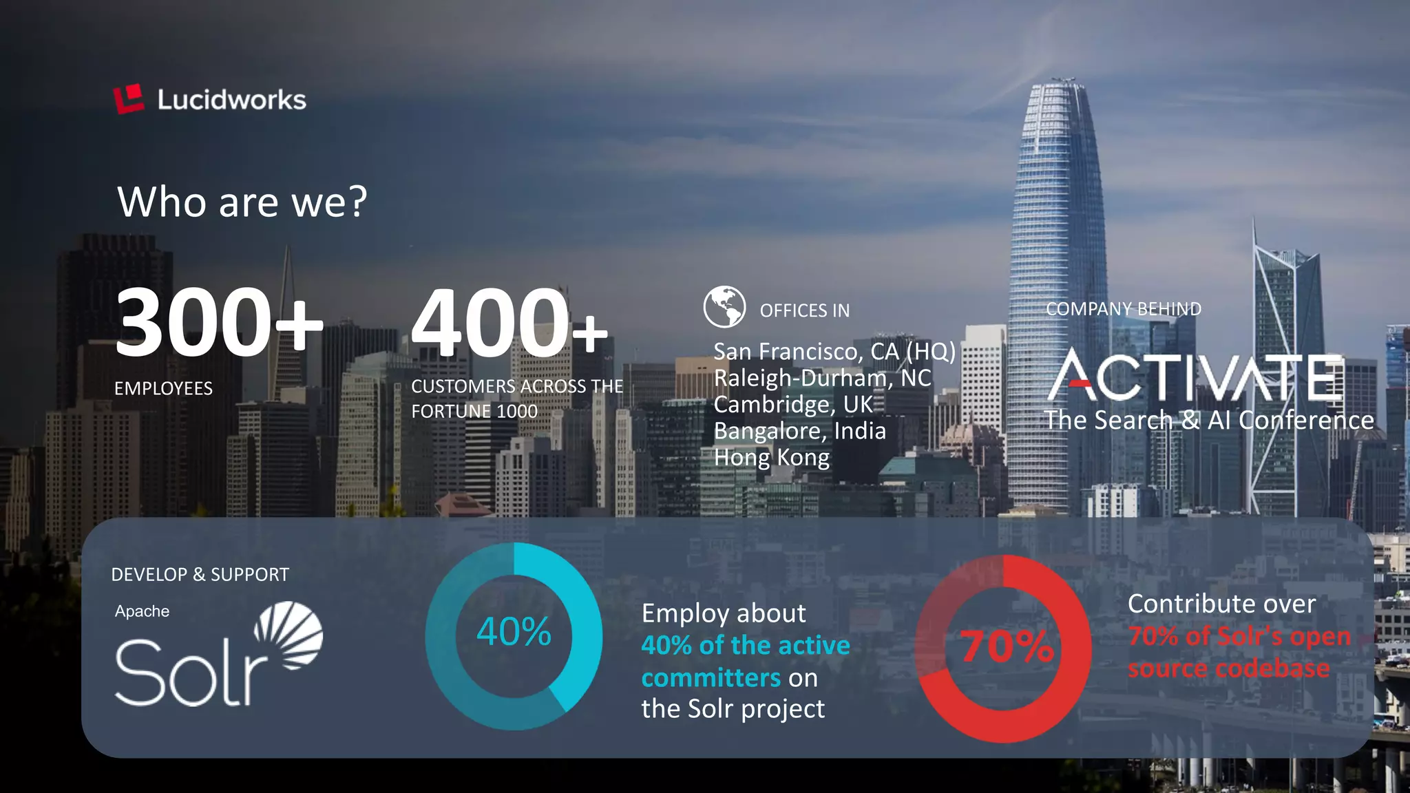 The Search & AI Conference
COMPANY BEHIND
Who are we?
300+ CUSTOMERS ACROSS THE
FORTUNE 1000
400+EMPLOYEES
OFFICES IN
San Francisco, CA (HQ)
Raleigh-Durham, NC
Cambridge, UK
Bangalore, India
Hong Kong
Employ about
40% of the active
committers on
the Solr project
40%
Contribute over
70% of Solr's open
source codebase
70%
DEVELOP & SUPPORT
Apache
 