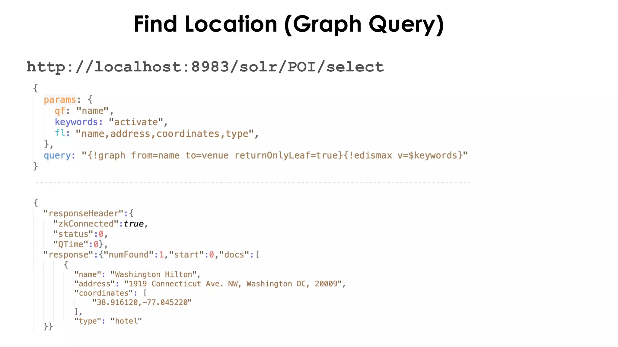 Find Location (Graph Query)
http://localhost:8983/solr/POI/select
 