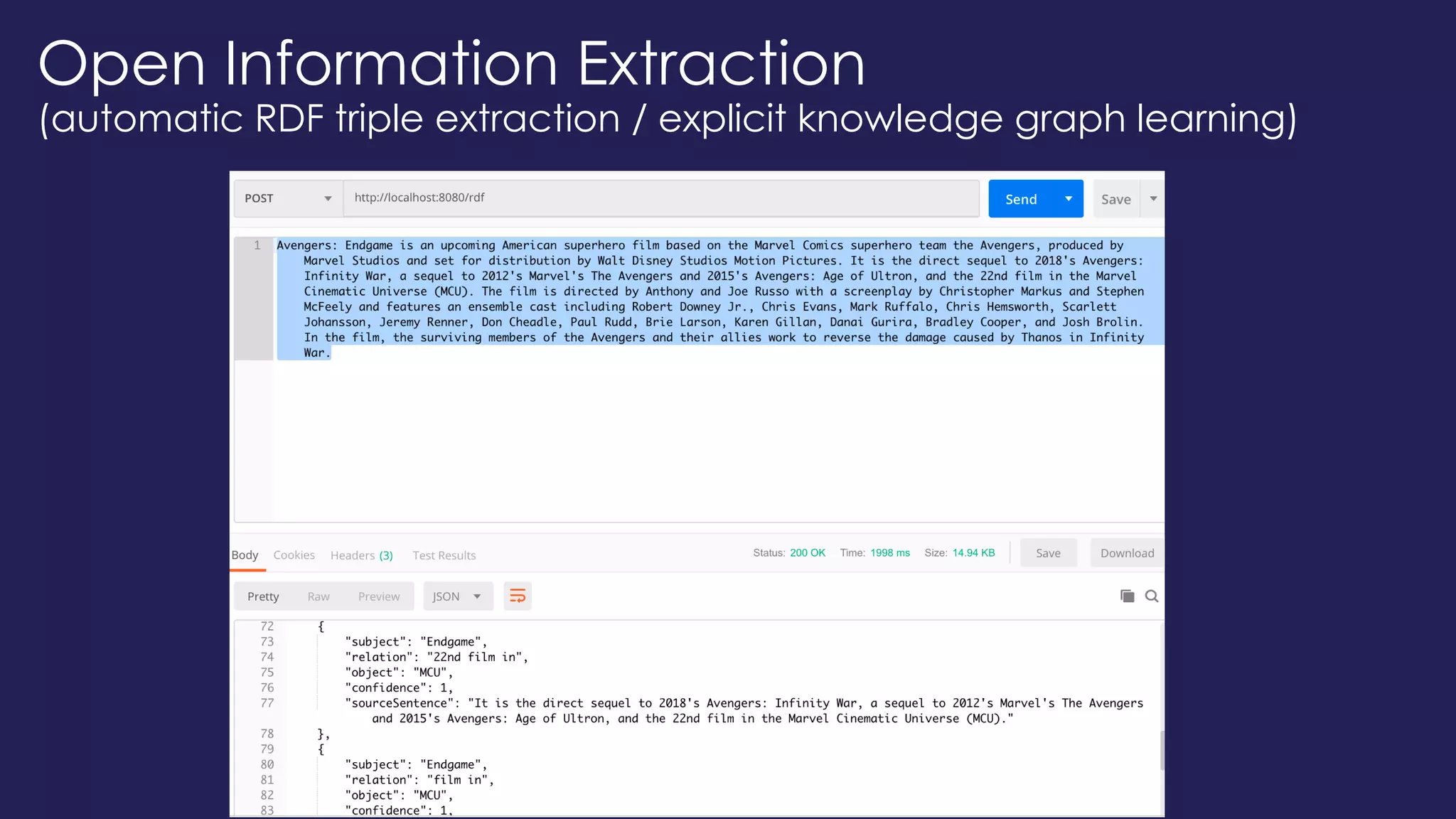 Open Information Extraction
(automatic RDF triple extraction / explicit knowledge graph learning)
 