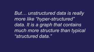 But… unstructured data is really
more like “hyper-structured”
data. It is a graph that contains
much more structure than typical
“structured data.”
 