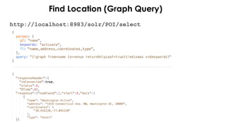 Find Location (Graph Query)
http://localhost:8983/solr/POI/select
 