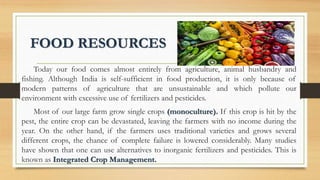 FOOD RESOURCES
Today our food comes almost entirely from agriculture, animal husbandry and
fishing. Although India is self-sufficient in food production, it is only because of
modern patterns of agriculture that are unsustainable and which pollute our
environment with excessive use of fertilizers and pesticides.
Most of our large farm grow single crops (monoculture). If this crop is hit by the
pest, the entire crop can be devastated, leaving the farmers with no income during the
year. On the other hand, if the farmers uses traditional varieties and grows several
different crops, the chance of complete failure is lowered considerably. Many studies
have shown that one can use alternatives to inorganic fertilizers and pesticides. This is
known as Integrated Crop Management.
 