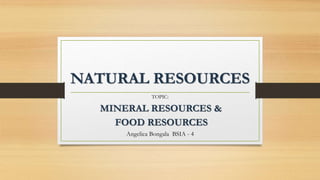 NATURAL RESOURCES
TOPIC:
MINERAL RESOURCES &
FOOD RESOURCES
Angelica Bongala BSIA - 4
 