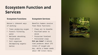 Ecosystem Function and
Services
Ecosystem Functions Ecosystem Services
Nature's inherent ways
of working:
• Trees producing oxygen
• Forests filtering
water
• Wetlands absorbing
flood waters
• Soil organisms
decomposing organic
matter
Benefits humans receive
from these functions:
• Clean air to breathe
• Purified water to
drink
• Protected farmland
• Pollinated crops
Did you know? A mature
tree produces about 275
liters of oxygen per
day, while a human needs
about 350 liters daily.
 