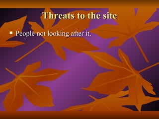 Threats to the site People not looking after it. 