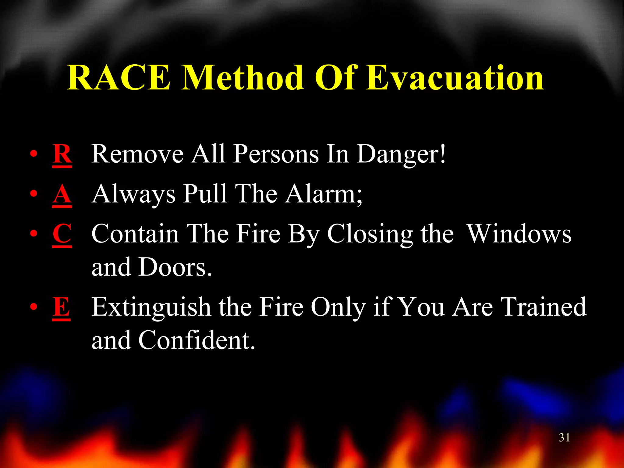RACE Method Of Evacuation
• R Remove All Persons In Danger!
• A Always Pull The Alarm;
• C Contain The Fire By Closing the Windows
and Doors.
• E Extinguish the Fire Only if You Are Trained
and Confident.

31

 
