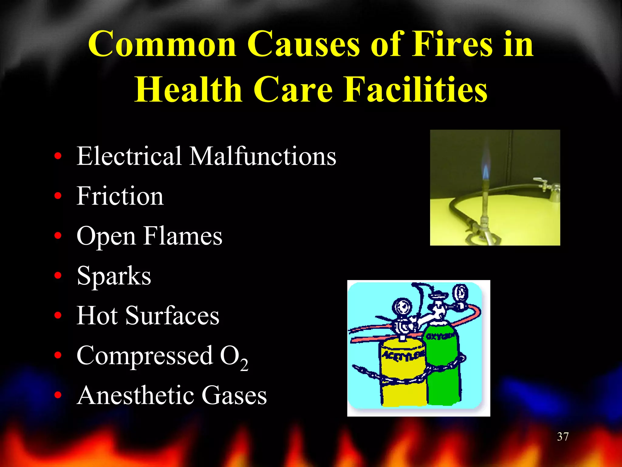 Common Causes of Fires in
Health Care Facilities
•
•
•
•
•
•
•

Electrical Malfunctions
Friction
Open Flames
Sparks
Hot Surfaces
Compressed O2
Anesthetic Gases
37

 