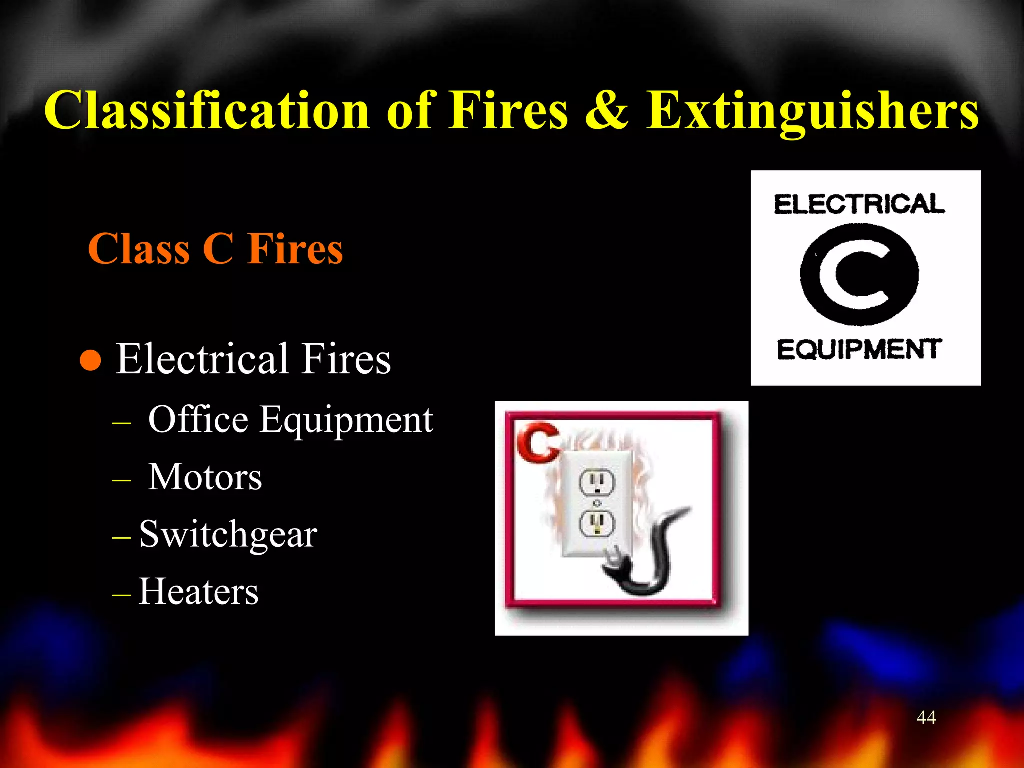 Classification of Fires & Extinguishers
Class C Fires


Electrical Fires
– Office Equipment
– Motors
– Switchgear

– Heaters

44

 