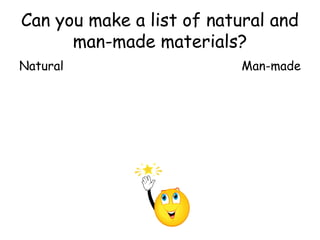 Can you make a list of natural and
man-made materials?
Natural Man-made
 