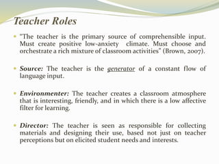 Teacher Roles 
 “The teacher is the primary source of comprehensible input. 
Must create positive low-anxiety climate. Must choose and 
orchestrate a rich mixture of classroom activities” (Brown, 2007). 
 Source: The teacher is the generator of a constant flow of 
language input. 
 Environmenter: The teacher creates a classroom atmosphere 
that is interesting, friendly, and in which there is a low affective 
filter for learning. 
 Director: The teacher is seen as responsible for collecting 
materials and designing their use, based not just on teacher 
perceptions but on elicited student needs and interests. 
 