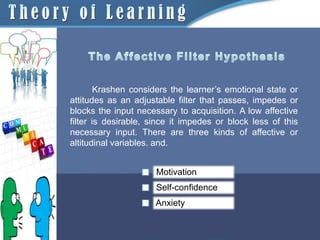 Krashen considers the learner’s emotional state or
attitudes as an adjustable filter that passes, impedes or
blocks the input necessary to acquisition. A low affective
filter is desirable, since it impedes or block less of this
necessary input. There are three kinds of affective or
altitudinal variables. and.


                      Motivation
                      Self-confidence
                      Anxiety
 