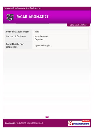 - Company Factsheet -


Year of Establishment   1998

Nature of Business      Manufacturer
                        Exporter

Total Number of
                        Upto 10 People
Employees
 