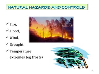 Fire,
 Flood,
 Wind,
 Drought,
 Temperature
extremes (eg frosts)
NATURAL HAZARDS AND CONTROLSNATURAL HAZARDS AND CONTROLSNATURAL HAZARDS AND CONTROLSNATURAL HAZARDS AND CONTROLS
25
 