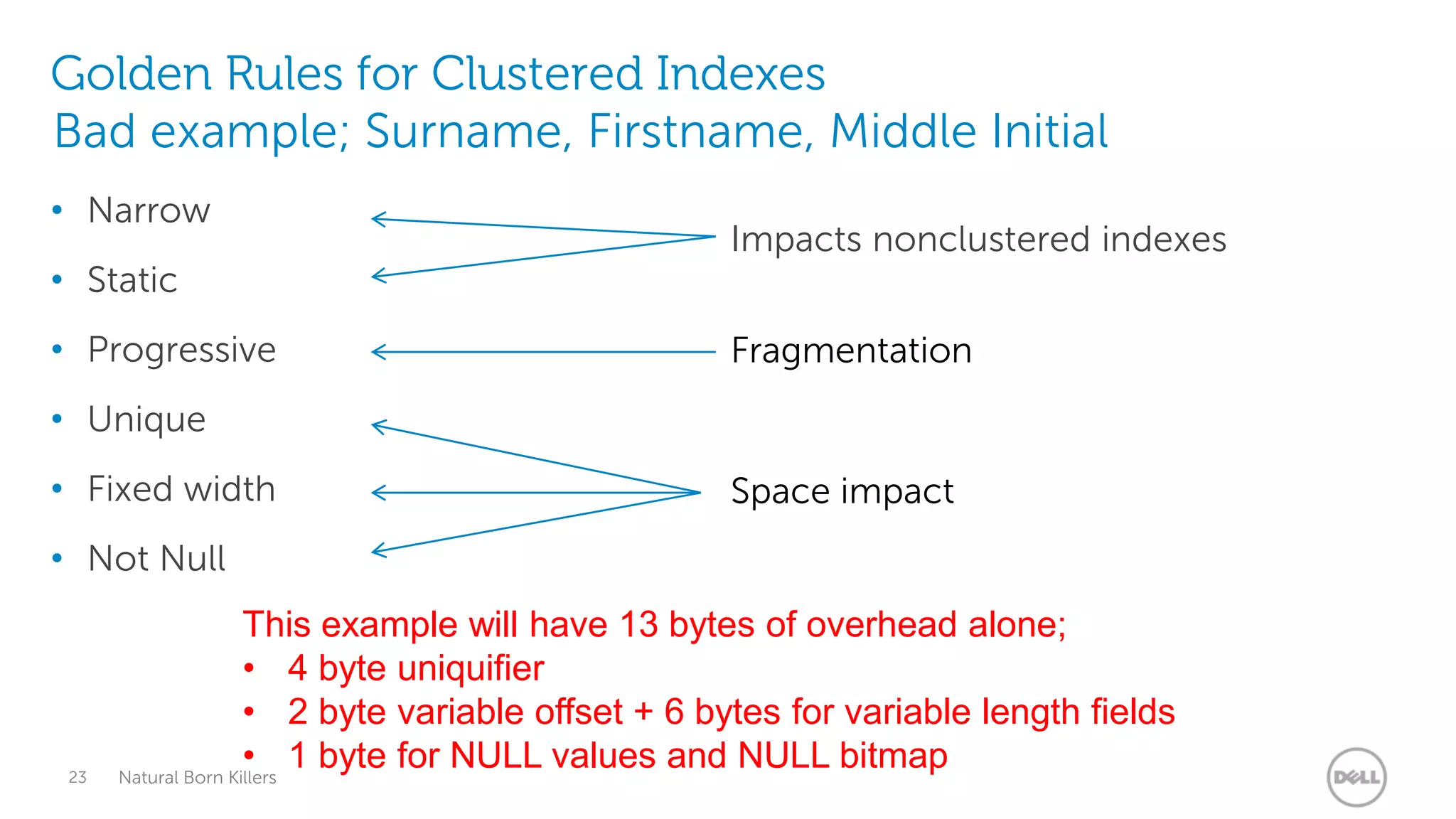 Golden Rules for Clustered Indexes
Bad example; Surname, Firstname, Middle Initial
• Narrow
                                                 Impacts nonclustered indexes
• Static
• Progressive                                    Fragmentation
• Unique
• Fixed width                                    Space impact
• Not Null
                     This example will have 13 bytes of overhead alone;
                     • 4 byte uniquifier
                     • 2 byte variable offset + 6 bytes for variable length fields
 23
                     • 1 byte for NULL values and NULL bitmap
      Natural Born Killers
 