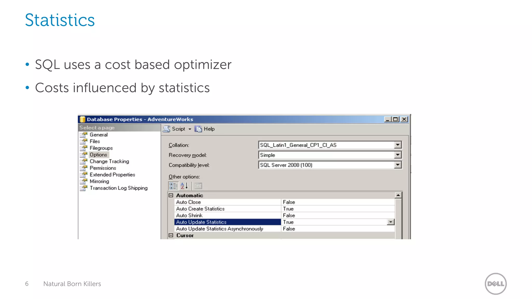 Statistics

• SQL uses a cost based optimizer
• Costs influenced by statistics




6   Natural Born Killers
 