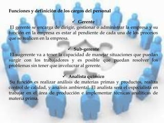 Funciones y definición de los cargos del personal
 Gerente
El gerente se encarga de dirigir, gestionar o administrar la empresa y su
función en la empresa es estar al pendiente de cada una de los procesos
que se realicen en la empresa.
 Sub-gerente
El sugerente va a tener la capacidad de manejar situaciones que puedan
surgir con los trabajadores y es posible que puedan resolver los
problemas sin tener que involucrar al gerente.
 Analista químico
Su función es realizar análisis de materias primas y productos, realiza
control de calidad, y análisis ambiental. El analista será el especialista en
trabajar en el área de producción e implementar técnicas analíticas de
materia prima.
 
