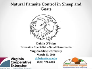 Natural Parasite Control in Sheep and
Goats
Dahlia O’Brien
Extension Specialist – Small Ruminants
Virginia State University
March 10, 2016
dobrien@vsu.edu
(804) 524-6963
 