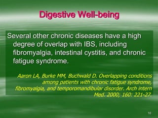 16Digestive Well-beingSeveral other chronic diseases have a high degree of overlap with IBS, including fibromyalgia, intestinal cystitis, and chronic fatigue syndrome.Aaron LA, Burke MM, Buchwald D. Overlapping conditions among patients with chronic fatigue syndrome, fibromyalgia, and temporomandibular disorder. Arch intern Med. 2000; 160: 221-27.