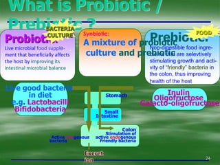 24What is Probiotic / Prebiotic ?BACTERIACULTUREFOODSynbiotic:A mixture ofprobioticculture and prebioticPrebiotic:Non-digestible foodingre-dients that are selevtivelystimulating growth and acti-vity of“friendly” bacteria inthe colon, thus improvinghealth of the host Probiotic:Live microbialfood supple-ment that beneficially affectsthe host byimproving its intestinal microbial balanceLive good bacteria in diete.g. LactobacilliBifidobacteriaInulin Oligofructose Galacto-oligofructoseStomachSmallIntestineColonStimulation ofActiveexogenous   active endogenousbacteria                          Friendly bacteriaExcretion