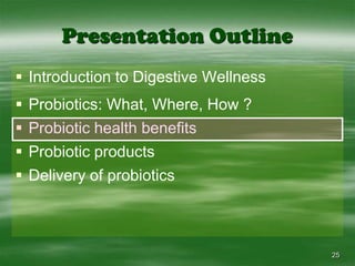 25Presentation OutlineIntroduction to Digestive WellnessProbiotics: What, Where, How ?Probiotic health benefitsProbiotic productsDelivery of probiotics