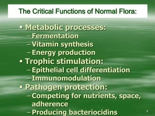 8The Critical Functions of Normal Flora:Metabolic processes:FermentationVitamin synthesisEnergy productionTrophic stimulation:Epithelial cell differentiationImmunomodulationPathogen protection:Competing for nutrients, space, adherenceProducing bacteriocidins