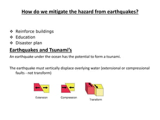How do we mitigate the hazard from earthquakes?
 Reinforce buildings
 Education
 Disaster plan
Earthquakes and Tsunami’s
An earthquake under the ocean has the potential to form a tsunami.
The earthquake must vertically displace overlying water (extensional or compressional
faults - not transform)
 