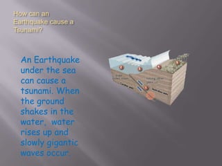 How can an
Earthquake cause a
Tsunami?



  An Earthquake
  under the sea
  can cause a
  tsunami. When
  the ground
  shakes in the
  water, water
  rises up and
  slowly gigantic
  waves occur.
 