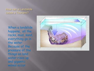 How can a Landslide
cause a Tsunami?




 When a landslide
 happens, all the
 rocks, mud, sand,
 everything go in
 the water.
 Because of the
 pressure of the
 things on land
 water rises up
 and gigantic
 waves occur.
 