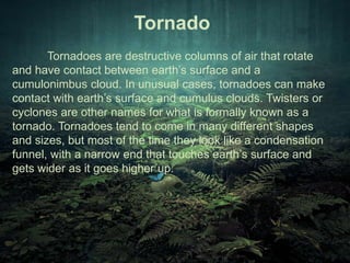 Tornado 
Tornadoes are destructive columns of air that rotate 
and have contact between earth’s surface and a 
cumulonimbus cloud. In unusual cases, tornadoes can make 
contact with earth’s surface and cumulus clouds. Twisters or 
cyclones are other names for what is formally known as a 
tornado. Tornadoes tend to come in many different shapes 
and sizes, but most of the time they look like a condensation 
funnel, with a narrow end that touches earth’s surface and 
gets wider as it goes higher up. 
 