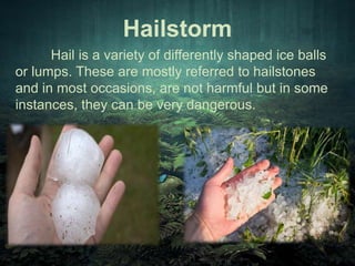 Hailstorm 
Hail is a variety of differently shaped ice balls 
or lumps. These are mostly referred to hailstones 
and in most occasions, are not harmful but in some 
instances, they can be very dangerous. 
 