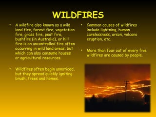 WILDFIRES
•   A wildfire also known as a wild      •   Common causes of wildfires
    land fire, forest fire, vegetation       include lightning, human
    fire, grass fire, peat fire,             carelessness, arson, volcano
    bushfire (in Australia), or hill         eruption, etc.
    fire is an uncontrolled fire often
    occurring in wild land areas, but    •   More than four out of every five
    which can also consume houses            wildfires are caused by people.
    or agricultural resources.

•   Wildfires often begin unnoticed,
    but they spread quickly igniting
    brush, trees and homes.
 