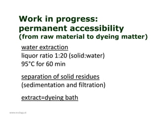 www.ecology.at
water extraction
liquor ratio 1:20 (solid:water)
95°C for 60 min
separation of solid residues
(sedimentation and filtration)
extract=dyeing bath
Work in progress:
permanent accessibility
(from raw material to dyeing matter)
 
