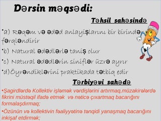 D rsin m qs di:ə ə ə
T hsil sah sində ə ə
•a) R q m v d d anlayi larını bir birind nə ə ə ə ə ş ə
f rql ndirirə ə
•b) Natural d dl rl tani olurə ə ə ə ş
•c) Natural d dl rin sinifl r üzr ayrırə ə ə ə ə
•d)Öyr ndikl rini praktikada t tbiq edirə ə ə
T rbiy vi sah də ə ə ə
•Şagirdl rd Kollektiv işl m k v rdişl rini artırmaq,müzakir l rdə ə ə ə ə ə ə ə ə
fikrini müst qil ifad etm k v n tic çıxartmaq bacarığınıə ə ə ə ə ə
formalaşdırmaq;
•Özünün v kollektivin f aliyy tin t nqidi yanaşmaq bacarığınıə ə ə ə ə
inkişaf etdirm k;ə
 