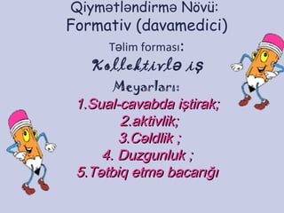 Qiym tl ndirmə ə ə Növü:
Formativ (davamedici)
T lim formasıə :
Kollektivl iə ş
Meyarları:
1.1.Sual-cavabda iştirak;Sual-cavabda iştirak;
2.2.aktivlikaktivlik;;
3.3.CəldlikCəldlik ;;
4.4. DuzgunlukDuzgunluk ;;
5.Tətbiq etmə5.Tətbiq etmə bacarığıbacarığı
 