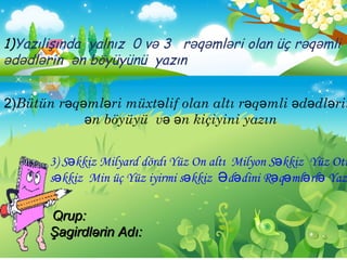 1)Yazılişında yalnız 0 v 3ə r q ml ri olan üç r q mliə ə ə ə ə
d dl rinə ə ə n böyüyünüə yazın
2)Bütün r q ml ri müxt lif olanə ə ə ə altı r q mli d dl rinə ə ə ə ə
n böyüyü v n kiçiyini yazınə ə ə
Qrup:Qrup:
Şagirdlərin Adı:Şagirdlərin Adı:
3) S kkizə Milyard dördı Yüz On altı Milyon S kkizə Yüz Otu
s kkizə Min üç Yüz iyirmi s kkizə d dini R q ml rl YazƏ ə ə ə ə ə
 