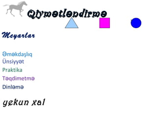 2 3
Meyarlar
m kdaşlıqƏ ə
Ünsiyy tə
Praktika
T qdimetmə ə
Dinl mə ə
yekun xalyekun xal
Qiym tl ndirmə ə əQiym tl ndirmə ə ə
 