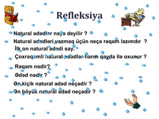 Refleksiya
Natural ədədlər nəyə deyilir ?
Natural ədədləri yazmaq üçün neçə rəqəm lazımdır ?
İlk on natural ədədi say.
Çoxrəqəmli natural ədədlər hansı qayda ilə oxunur ?
Rəqəm nədir?
Ədəd nədir ?
Ən kiçik natural ədəd neçədir ?
Ən böyük natural ədəd neçədir ?
 