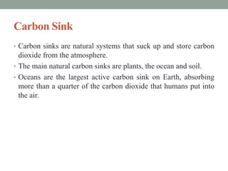Carbon Sink
• Carbon sinks are natural systems that suck up and store carbon
dioxide from the atmosphere.
• The main natural carbon sinks are plants, the ocean and soil.
• Oceans are the largest active carbon sink on Earth, absorbing
more than a quarter of the carbon dioxide that humans put into
the air.
 