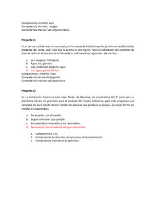 Componentes entorno vivo
Competencia del área: indagar
Competencia transversal, argumentativa
Pregunta 11
En el sector rural de nuestromunicipio,enlosmesesde Abril y mayo las plantas se ven florecidas
producto del clima, que hace que la planta se vea mejor. Para la elaboración del alimento las
plantas realizan el proceso de la fotosíntesis utilizando los siguientes elementos:
a. Luz, oxigeno, hidrogeno
b. Agua, luz, glucosa
c. Gas, carbónico, oxigeno, agua
d. Luz, agua, gas carbónico
Componentes entorno físico
Competencia de área indagación
Competencia transversal propositiva
Pregunta 12
En la Institución Educativa Juan José Nieto de Baranoa, los estudiantes del 5° junto con su
profesora tienen un proyecto para el cuidado del medio ambiente, para esto proponen una
campaña de aseo donde deben reciclar las basuras que produce la escuela. La mejor forma de
reciclar es separándola.
a. De acuerdo con el tamaño
b. Según la función que cumple
c. En materiales renovables y no renovables
d. De acuerdo con el material del que está hecha
a. Componentes CTS
b. Competencia de área Uso comprensivo del conocimiento
c. Competencia transversal propositiva
 