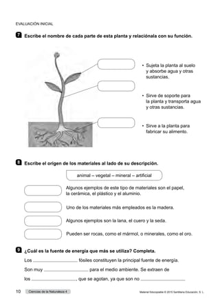 EVALUACIÓN INICIAL
7 	 Escribe el nombre de cada parte de esta planta y relaciónala con su función.
•  
Sujeta la planta al suelo
y absorbe agua y otras
sustancias.
•  
Sirve de soporte para
la planta y transporta agua
y otras sustancias.
•  
Sirve a la planta para
fabricar su alimento.
8 	 Escribe el origen de los materiales al lado de su descripción.
animal – vegetal – mineral – artificial
 
Algunos ejemplos de este tipo de materiales son el papel,
la cerámica, el plástico y el aluminio.
 
Uno de los materiales más empleados es la madera.
 
Algunos ejemplos son la lana, el cuero y la seda.
 
Pueden ser rocas, como el mármol, o minerales, como el oro.
9 	 ¿Cuál es la fuente de energía que más se utiliza? Completa.
Los fósiles constituyen la principal fuente de energía.
Son muy para el medio ambiente. Se extraen de
los , que se agotan, ya que son no
Material fotocopiable © 2015 Santillana Educación, S. L.
10 Ciencias de la Naturaleza 4
 