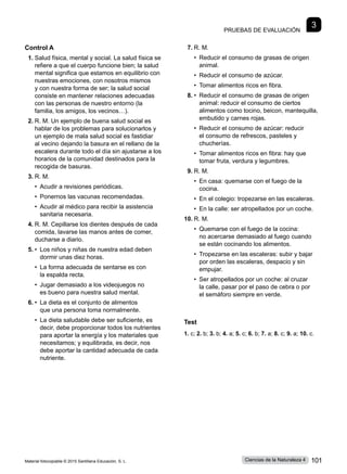 Pruebas de evaluación
3
Control A
1.	Salud física, mental y social. La salud física se
refiere a que el cuerpo funcione bien; la salud
mental significa que estamos en equilibrio con
nuestras emociones, con nosotros mismos
y con nuestra forma de ser; la salud social
consiste en mantener relaciones adecuadas
con las personas de nuestro entorno (la
familia, los amigos, los vecinos…).
2.	R. M. Un ejemplo de buena salud social es
hablar de los problemas para solucionarlos y
un ejemplo de mala salud social es fastidiar
al vecino dejando la basura en el rellano de la
escalera durante todo el día sin ajustarse a los
horarios de la comunidad destinados para la
recogida de basuras.
3.	R. M.
	 • 
Acudir a revisiones periódicas.
	 • 
Ponernos las vacunas recomendadas.
	 • 
Acudir al médico para recibir la asistencia
sanitaria necesaria.
4.	R. M. Cepillarse los dientes después de cada
comida, lavarse las manos antes de comer,
ducharse a diario.
5.	•  
Los niños y niñas de nuestra edad deben
dormir unas diez horas.
•  
La forma adecuada de sentarse es con
la espalda recta.
•  
Jugar demasiado a los videojuegos no
es bueno para nuestra salud mental.
6.	•  
La dieta es el conjunto de alimentos
que una persona toma normalmente.
• 
La dieta saludable debe ser suficiente, es
decir, debe proporcionar todos los nutrientes
para aportar la energía y los materiales que
necesitamos; y equilibrada, es decir, nos
debe aportar la cantidad adecuada de cada
nutriente.
7.	R. M.
• 
Reducir el consumo de grasas de origen
animal.
• 
Reducir el consumo de azúcar.
• 
Tomar alimentos ricos en fibra.
8.	•  
Reducir el consumo de grasas de origen
animal: reducir el consumo de ciertos
alimentos como tocino, beicon, mantequilla,
embutido y carnes rojas.
• 
Reducir el consumo de azúcar: reducir
el consumo de refrescos, pasteles y
chucherías.
• 
Tomar alimentos ricos en fibra: hay que
tomar fruta, verdura y legumbres.
9.	R. M.
• 
En casa: quemarse con el fuego de la
cocina.
• 
En el colegio: tropezarse en las escaleras.
• 
En la calle: ser atropellados por un coche.
10.	R. M.
• 
Quemarse con el fuego de la cocina:
no acercarse demasiado al fuego cuando
se están cocinando los alimentos.
• 
Tropezarse en las escaleras: subir y bajar
por orden las escaleras, despacio y sin
empujar.
• 
Ser atropellados por un coche: al cruzar
la calle, pasar por el paso de cebra o por
el semáforo siempre en verde.
Test
1. c; 2. b; 3. b; 4. a; 5. c; 6. b; 7. a; 8. c; 9. a; 10. c.
Material fotocopiable © 2015 Santillana Educación, S. L. 101
Ciencias de la Naturaleza 4
 