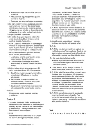 PRIMER trimestre
	 • 
Aparato locomotor: hace posible que nos
movamos.
	 • 
Articulaciones: algunas permiten que los
huesos se muevan.
	 •  Tendones: unir algunos huesos y músculos.
3.	La reproducción humana es sexual, es decir,
que tienen que intervenir dos personas de
distinto sexo. Además, las personas somos
vivíparas, ya que el bebé se desarrolla dentro
del vientre de la madre hasta el nacimiento.
4.	Cejas, párpados y pestañas.
5.	De arriba abajo y de izquierda a derecha:
oreja, conducto auditivo, tímpano, nervio
auditivo, caracol, huesecillos.
6.	R. M. La piel. La información es captada por
multitud de pequeños receptores. Desde la piel
salen muchos nervios que llevan al cerebro la
información recogida por el sentido del tacto.
7.	De izquierda a derecha: pituitaria amarilla,
fosas nasales, nervio olfativo.
	 • 
La pituitaria amarilla se encuentra en las
fosas nasales. Capta los olores.
	 • 
La información que recoge la pituitaria
amarilla llega al cerebro a través del nervio
olfativo.
8.	Dulce, salado, ácido, amargo y umami. El
sabor umami es el más difícil de reconocer.
9.	•  
Salud física: nuestro cuerpo funciona bien,
sin dolores ni dificultades en nuestras
actividades.
	 • 
Salud mental: nos sentimos bien con
nosotros mismos y nuestras emociones
favorecen nuestras actividades.
	 • 
Salud social: mantenemos unas relaciones
adecuadas con las personas del entorno.
10.	R. G.
	 Protecciones: casco, guantes, coderas
y rodilleras.
Control E
1.	Todos los materiales y toda la energía que
necesitamos. Los materiales se necesitan para
crecer y reponer los que se van consumiendo
y deteriorando. La energía se necesita para
realizar todas las actividades.
2.	R. M.
	 El sistema nervioso interviene en la función
de relación. Recoge información, elabora
respuestas y envía órdenes. Tiene dos
componentes: el cerebro y los nervios.
	 El aparato locomotor interviene en la función
de relación. Está formado por el sistema
esquelético y el muscular y su misión consiste
en hacer posible que nos movamos y nos
desplacemos de un lugar a otro.
3.	R. M. La reproducción humana es sexual, es
decir, que tienen que intervenir dos personas
de distinto sexo. Además, las personas somos
vivíparas, ya que el futuro bebé se desarrolla
dentro del vientre de la madre hasta
el nacimiento.
4.	Los párpados, las pestañas y las cejas
protegen los ojos. La retina capta la luz.
5.	R. G.
6.	R. M. La piel. La información es captada por
multitud de pequeños receptores. Desde la piel
salen muchos nervios que llevan al cerebro la
información recogida por el sentido del tacto.
7.	•  
La nariz. La pituitaria amarilla.
	 • 
Desde la pituitaria amarilla, la información
sobre los olores viaja al cerebro a través
del nervio olfativo.
8.	Dulce, salado, ácido, amargo y umami. El
sabor umami es el más difícil de reconocer.
9.	R. M. La salud física se refiere a que el cuerpo
funcione bien, sin dolores ni dificultades en
todas nuestras actividades. La salud mental
significa que nuestras emociones no nos
suponen un problema para realizar nuestras
actividades y que estamos satisfechos con
nosotros mismos y nuestra forma de ser.
La salud social consiste en mantener unas
relaciones adecuadas con las personas de
nuestro entorno.
10.	R. M. Un ejemplo de accidente que puede
ocurrir en la calle es un atropello. Para
prevenirlo, es necesario utilizar los pasos
de cebra para cruzar y respetar los semáforos
y las señales de tráfico.
Test
1. b; 2. a; 3. a; 4. c; 5. b; 6. c; 7. a; 8. c; 9. b; 10. a.
Material fotocopiable © 2015 Santillana Educación, S. L. 103
Ciencias de la Naturaleza 4
 