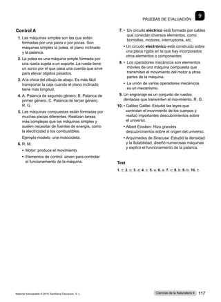 Pruebas de evaluación
9
Control A
1.	Las máquinas simples son las que están
formadas por una pieza o por pocas. Son
máquinas simples la polea, el plano inclinado
y la palanca.
2.	La polea es una máquina simple formada por
una rueda sujeta a un soporte. La rueda tiene
un surco por el que pasa una cuerda que sirve
para elevar objetos pesados.
3.	A la chica del dibujo de abajo. Es más fácil
transportar la caja cuando el plano inclinado
tiene más longitud.
4.	A. Palanca de segundo género; B. Palanca de
primer género. C. Palanca de tercer género.
R. G.
5.	Las máquinas compuestas están formadas por
muchas piezas diferentes. Realizan tareas
más complejas que las máquinas simples y
suelen necesitar de fuentes de energía, como
la electricidad o los combustibles.
	 Ejemplo modelo: una motocicleta.
6.	R. M.
	 • 
Motor: produce el movimiento.
	 • 
Elementos de control: sirven para controlar
el funcionamiento de la máquina.
7.	•  
Un circuito eléctrico está formado por cables
que conectan diversos elementos, como
bombillas, motores, interruptores, etc.
	 • 
Un circuito electrónico está construido sobre
una placa rígida en la que hay incorporados
otros elementos o componentes.
8.	•  
Los operadores mecánicos son elementos
móviles de una máquina compuesta que
transmiten el movimiento del motor a otras
partes de la máquina.
	 • 
La unión de varios operadores mecánicos
es un mecanismo.
9.	Un engranaje es un conjunto de ruedas
dentadas que transmiten el movimiento. R. G.
10.	• 
Galileo Galilei: Estudió las leyes que
controlan el movimiento de los cuerpos y
realizó importantes descubrimientos sobre
el universo.
	 • 
Albert Einstein: Hizo grandes
descubrimientos sobre el origen del universo.
	 • 
Arquímedes de Siracusa: Estudió la densidad
y la flotabilidad, diseñó numerosas máquinas
y explicó el funcionamiento de la palanca.
Test
1. c; 2. c; 3. a; 4. c; 5. a; 6. a; 7. c; 8. b; 9. b; 10. c.
Material fotocopiable © 2015 Santillana Educación, S. L. 117
Ciencias de la Naturaleza 4
 