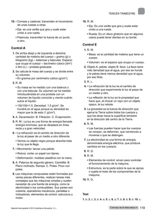 TERCER trimestre
10.	• 
Correas y cadenas: transmiten el movimiento
de unas ruedas a otras.
	 • 
Eje: es una varilla que gira y suele estar
unido a una rueda.
	 • 
Palancas: transmiten la fuerza de un punto
a otro.
Control A
1.	De arriba abajo y de izquierda a derecha:
cantidad de materia del cuerpo – gramo (g) o
kilogramo (kg) – balanzas y básculas. Espacio
que ocupa el cuerpo – decímetro cúbico (dm3
)
o litro (L) – probeta graduada.
2.	Se calcula la masa del cuerpo y se divide entre
su volumen.
• 
En gramos por centímetro cúbico (g/cm3
).
3.	R. M.
	 • 
Su masa se ha medido con una balanza o
con una báscula. Su volumen se ha medido
introduciéndola en una probeta con un
volumen de líquido conocido y viendo cuánto
subía el líquido.
	 • 
150/100=1.5. Densidad: 1,5 g/cm3
. Se
hundirá en el agua porque su densidad es
mayor que la de esta (1 g/cm3
).
4.	A. Decantación. B. Filtración. C. Evaporación.
5.	R. M.: La luz es una forma de energía llamada
energía luminosa, que se desplaza en línea
recta y a gran velocidad.
6.	• 
La refracción es el cambio de dirección de
la luz al pasar de un medio a otro diferente.
	 • 
Vemos un objeto negro porque absorbe toda
la luz que le llega.
7.	• 
Movimiento: lanzar una pelota.
	 • 
Rotura: cortar un papel con tijeras.
	 • 
Deformación: moldear plastilina con la mano.
8.	A. Palanca de segundo género. Carretilla. B.
Plano inclinado. Rampa. C. Polea. Pozo con
polea.
9.	Las máquinas compuestas están formadas por
varias piezas diferentes, realizan tareas más
complejas que las máquinas simples y suelen
necesitar de una fuente de energía, como la
electricidad o los combustibles. Sus partes son
cubierta, operadores mecánicos, pantallas o
indicadores, elementos de control, estructura y
motor.
10. R. M.
	 • 
Eje. Es una varilla que gira y suele estar
unido a una rueda.
	 • 
Rueda. Es un disco giratorio que en algunos
casos puede tener dientes en su borde.
Control E
1.	R. M.
	 • 
Masa: es la cantidad de materia que tiene un
cuerpo.
	 • Volumen: es el espacio que ocupa un cuerpo.
2.	Objeto A: pelota; objeto B: llave. La llave tiene
más densidad que el agua, por eso se hunde
y la pelota tiene menos densidad que el agua,
por eso flota.
3.	R. L.
4.	• 
La refracción de la luz es el cambio de
dirección que experimenta la luz al pasar de
un medio a otro.
	 • 
La reflexión de la luz es la propiedad que
hace que, al chocar un rayo con un objeto
opaco, la luz rebote.
5.	La gravedad es la fuerza de atracción que
ejerce la Tierra sobre todos los cuerpos y
que los atrae hacia la superficie terrestre
en la dirección del centro de la Tierra.
6.	
R. M.
	 • 
Las fuerzas pueden hacer que los cuerpos
se rompan, se deformen, que comiencen a
moverse o que se detengan.
7.	La electricidad es una forma de energía,
denominada energía eléctrica, que produce
cambios en los cuerpos.
8. R. G.
9.	R. M.
	 • 
Elementos de control: sirven para controlar
el funcionamiento de la máquina.
	 • 
Estructura: es la parte sobre la que se apoya
o sujeta el resto de los componentes de la
máquina.
10.	R. G.
Test
1. b; 2. c; 3. b; 4. a; 5. c; 6. a; 7. b; 8. b; 9. b; 10. c.
Material fotocopiable © 2015 Santillana Educación, S. L. 119
Ciencias de la Naturaleza 4
 