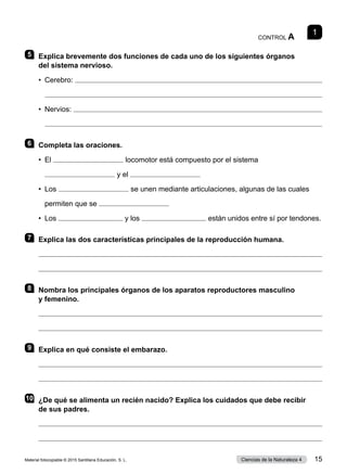 1
CONTROL A
5 	 Explica brevemente dos funciones de cada uno de los siguientes órganos
del sistema nervioso.
•	 Cerebro: 
	 
•	 Nervios: 
	 
6 	 Completa las oraciones.
•	 El locomotor está compuesto por el sistema
	 y el
•	 Los se unen mediante articulaciones, algunas de las cuales
	 permiten que se
•	 Los y los están unidos entre sí por tendones.
7 	 Explica las dos características principales de la reproducción humana.


8 	 Nombra los principales órganos de los aparatos reproductores masculino
y femenino.


9 	 Explica en qué consiste el embarazo.


10	 ¿De qué se alimenta un recién nacido? Explica los cuidados que debe recibir
de sus padres.


Material fotocopiable © 2015 Santillana Educación, S. L. 15
Ciencias de la Naturaleza 4
 