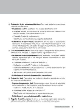 2. 
Evaluación de las unidades didácticas. Para cada unidad se proporcionan
los siguientes elementos:
•  Pruebas de control. Se ofrecen tres pruebas de diferente nivel:
– Prueba B. Prueba de nivel básico en la que se evalúan los contenidos mí-
nimos que todos los alumnos deben adquirir.
– 
Prueba A. Prueba de nivel avanzado.
– Test. Prueba compuesta de diez preguntas de tipo test.
•  
Estándares de aprendizaje y soluciones. En una tabla se relacionan los
estándares de aprendizaje del currículo y los indicadores de logro de cada
unidad didáctica con las actividades de las pruebas planteadas. Se incluyen,
además, las soluciones de todas las actividades.
3. Evaluaciones trimestrales. Para llevar a cabo un seguimiento de los alumnos
al finalizar cada trimestre, se proporcionan los siguientes recursos:
•  
Pruebas de evaluación trimestral. Están destinadas a evaluar los conteni-
dos más importantes que se han trabajado durante cada trimestre. Se facili-
tan cuatro pruebas:
– Evaluación trimestral B. Prueba de nivel básico.
– Evaluación trimestral A. Prueba de nivel avanzado.
– 
Evaluación trimestral E. Prueba destinada a un nivel de excelencia, que
supone un mayor reto intelectual.
– Test. Prueba compuesta de diez preguntas de tipo test.
•  Estándares de aprendizaje evaluables y soluciones.
4. Evaluación final. Para realizar una evaluación global del aprendizaje, se inclu-
yen los siguientes elementos:
•  
Pruebas de evaluación final. Diseñadas para evaluar el grado de adquisición
de los contenidos fundamentales del curso. Se proporcionan tres pruebas:
– Evaluación final B. Prueba de nivel básico.
– Evaluación final A. Prueba de nivel avanzado.
– Test. Prueba compuesta de veinte preguntas de tipo test.
•  Estándares de aprendizaje evaluables y soluciones.
5. 
Registro de calificaciones. Se ofrece un cuadro de registro para recoger las
calificaciones que han obtenido los alumnos en las diferentes pruebas.
3
Ciencias de la Naturaleza 4
 